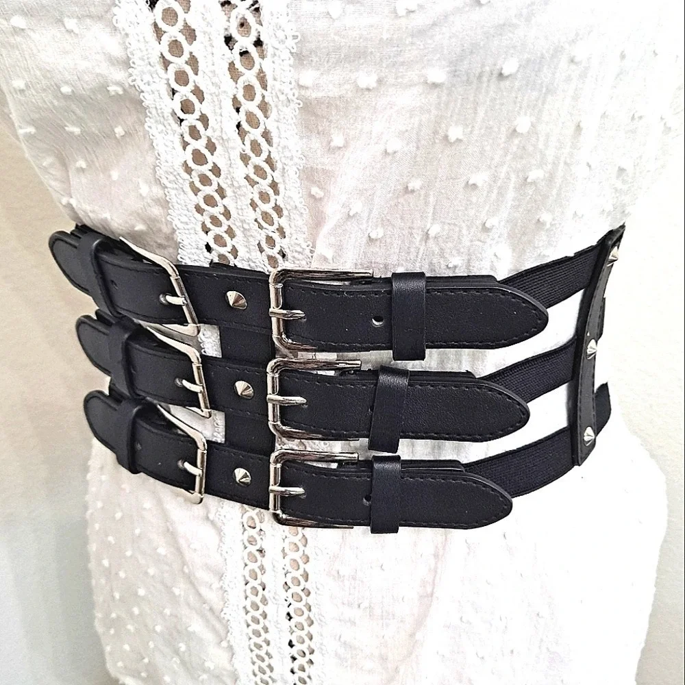 Faux leather Wide corset waist Black Belt studded Goth punk Triple buckle